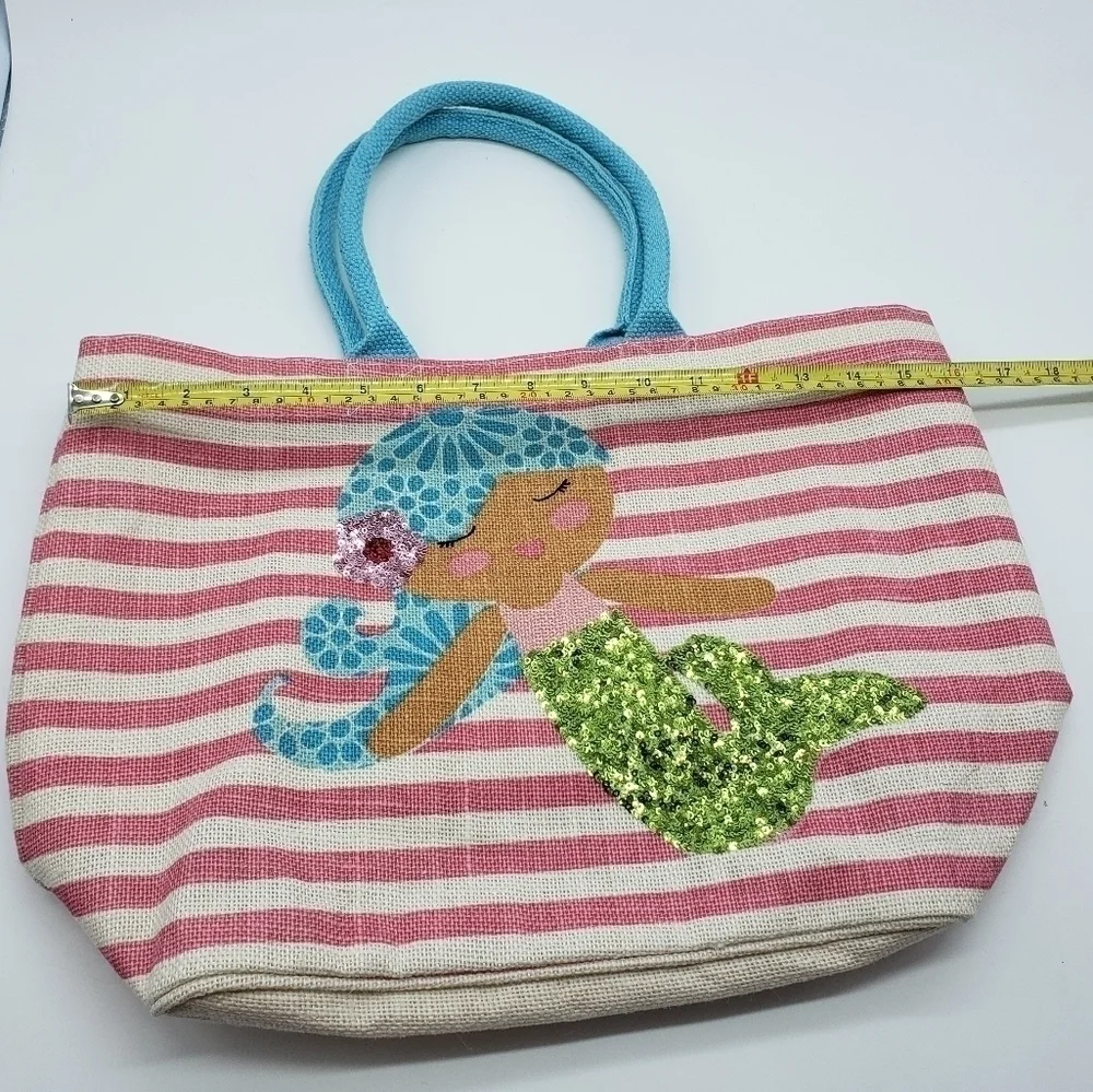 MUD Pie unisex mermaid tote bag pink stripe sequin woven fiber aqua handles